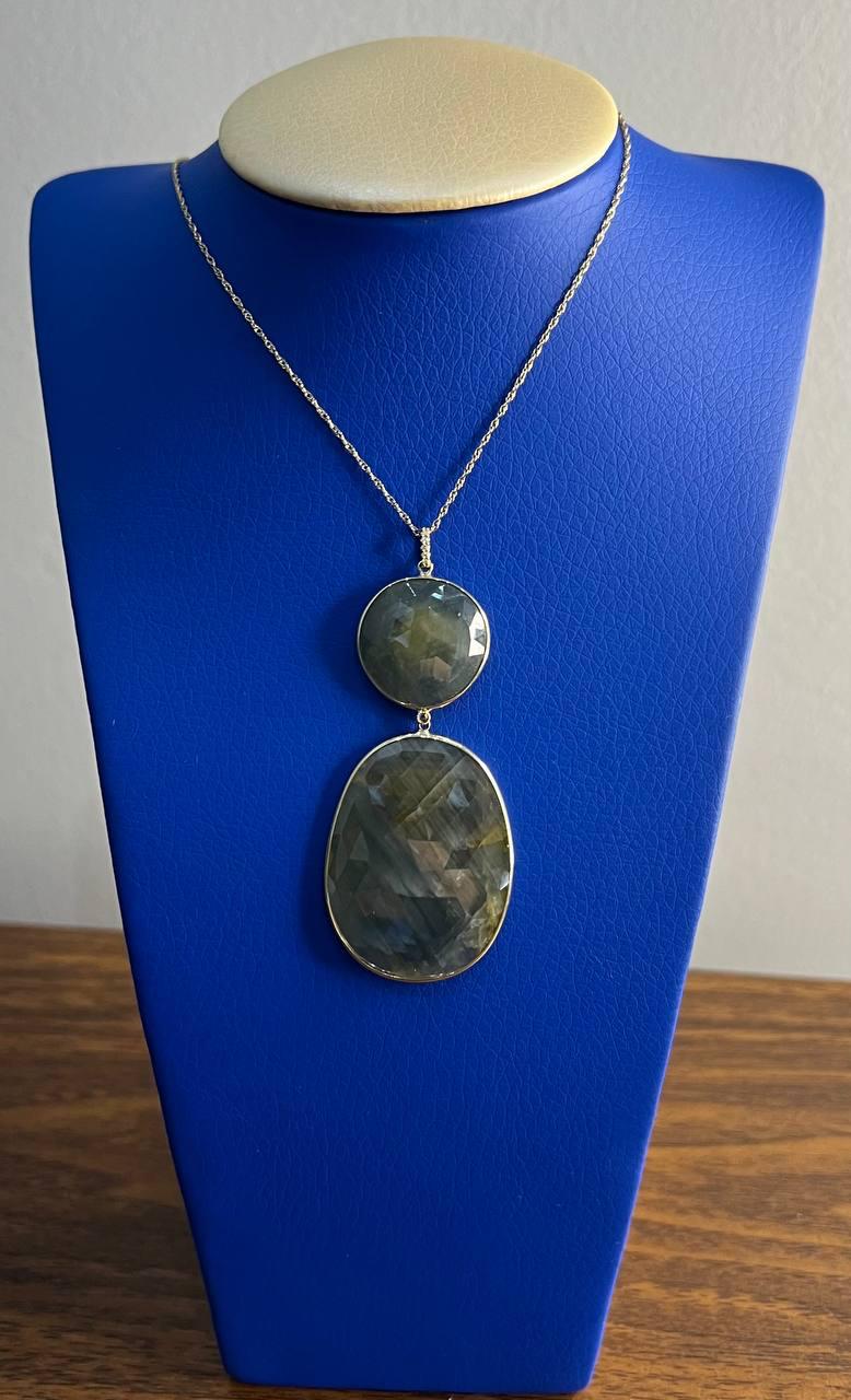 Dark Earthy Green Labradorite Diamonds Halo 14K Gold Statement Earrings