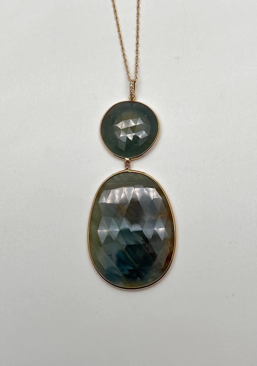 Dark Earthy Green Labradorite Diamonds Halo 14K Gold Statement Earrings