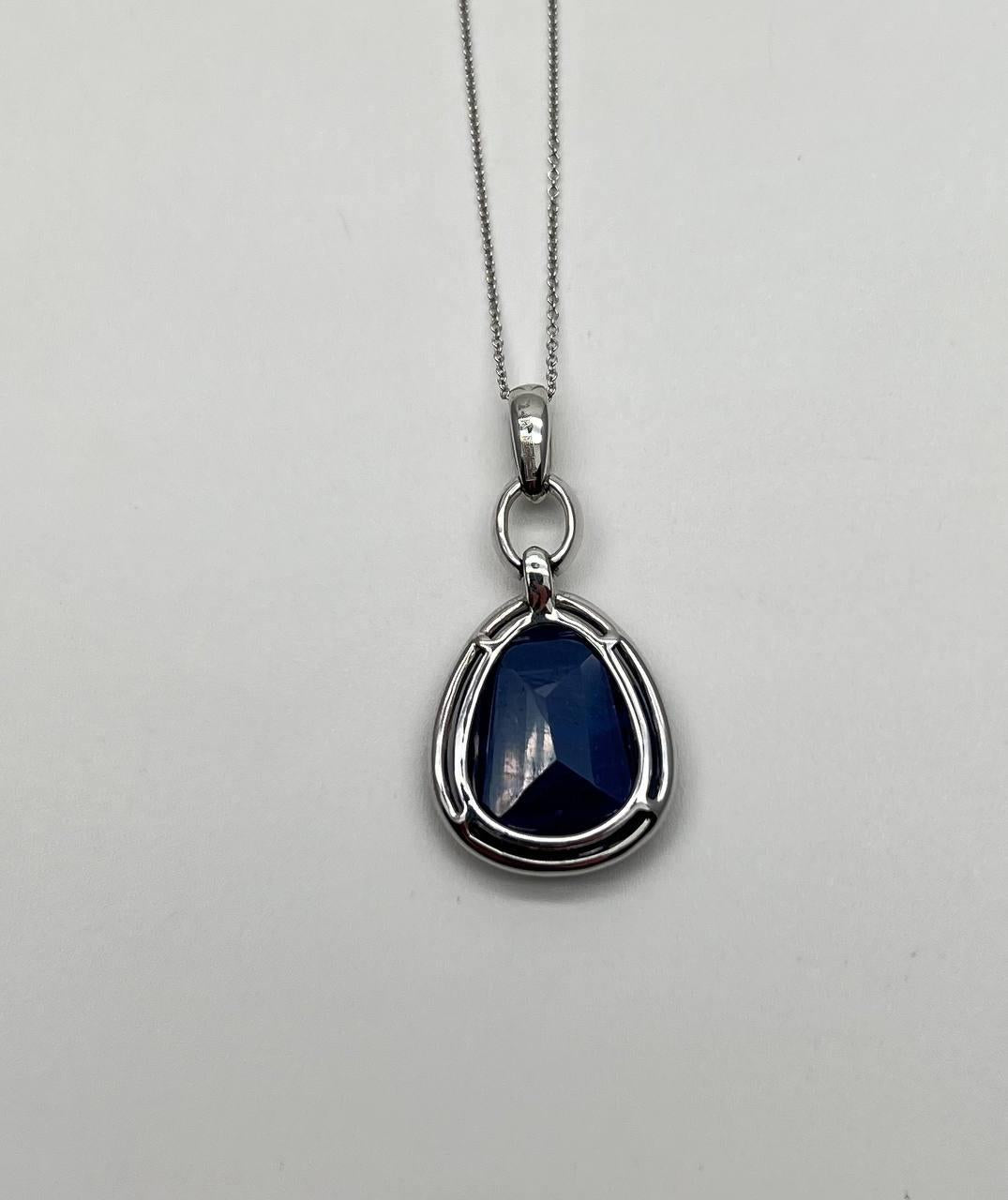 Dark Blue Faceted Sapphire Cabochon 14K White Gold Diamond Halo Pendant Necklace