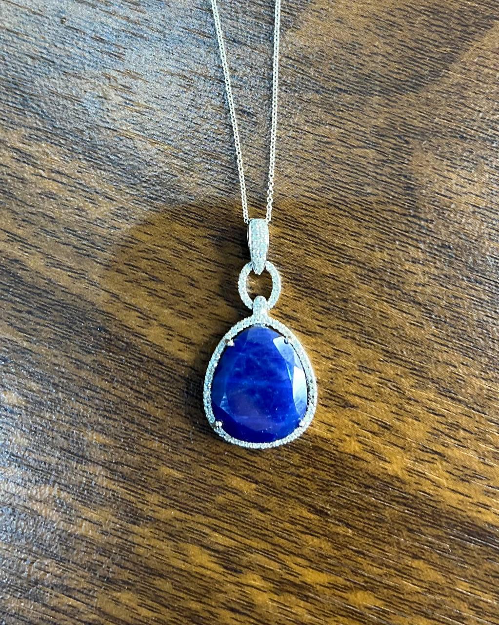 Dark Blue Faceted Sapphire Cabochon 14K White Gold Diamond Halo Pendant Necklace