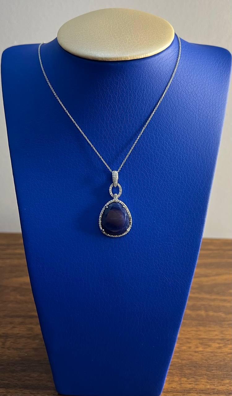 Dark Blue Faceted Sapphire Cabochon 14K White Gold Diamond Halo Pendant Necklace