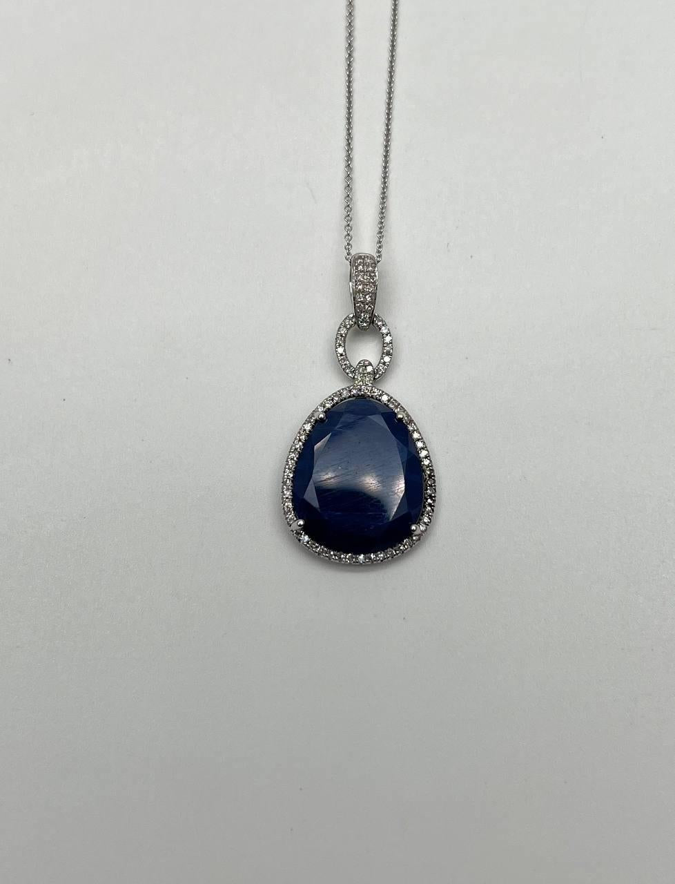 Dark Blue Faceted Sapphire Cabochon 14K White Gold Diamond Halo Pendant Necklace