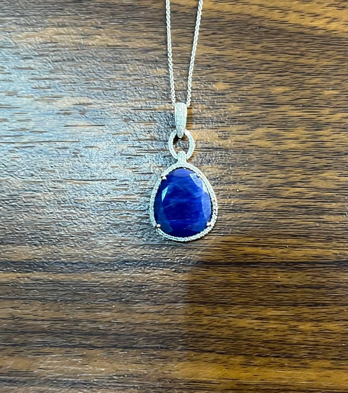 Dark Blue Faceted Sapphire Cabochon 14K White Gold Diamond Halo Pendant Necklace