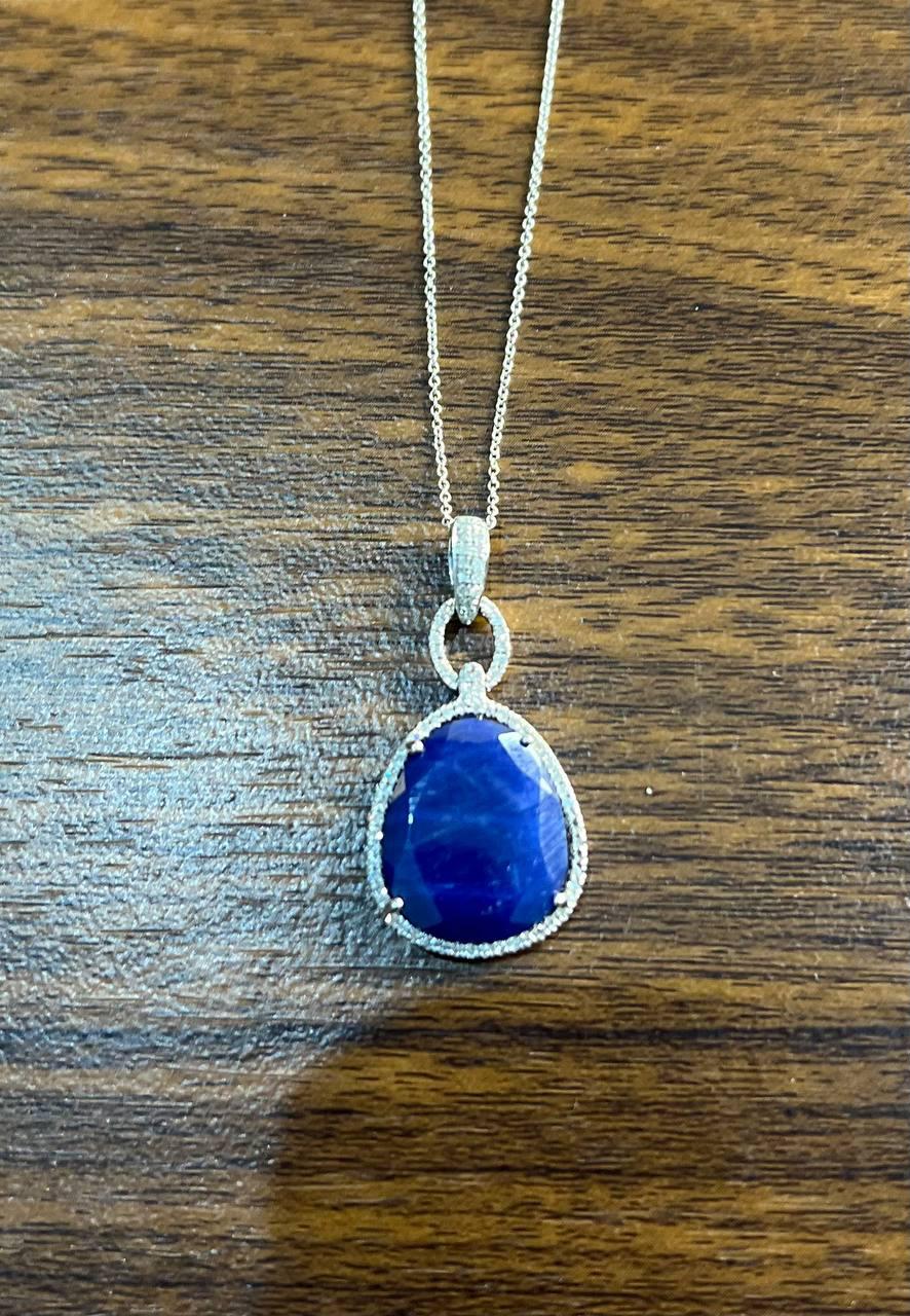 Dark Blue Faceted Sapphire Cabochon 14K White Gold Diamond Halo Pendant Necklace