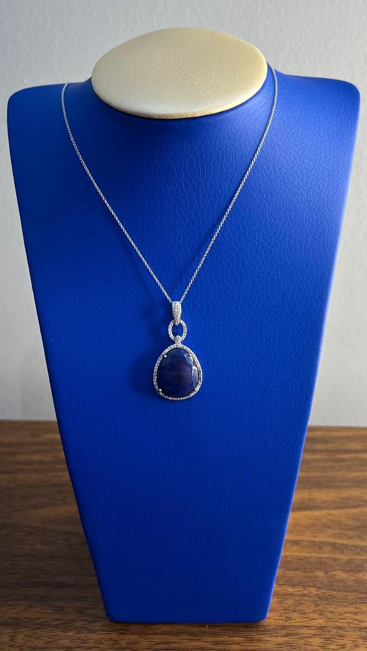 Dark Blue Faceted Sapphire Cabochon 14K White Gold Diamond Halo Pendant Necklace
