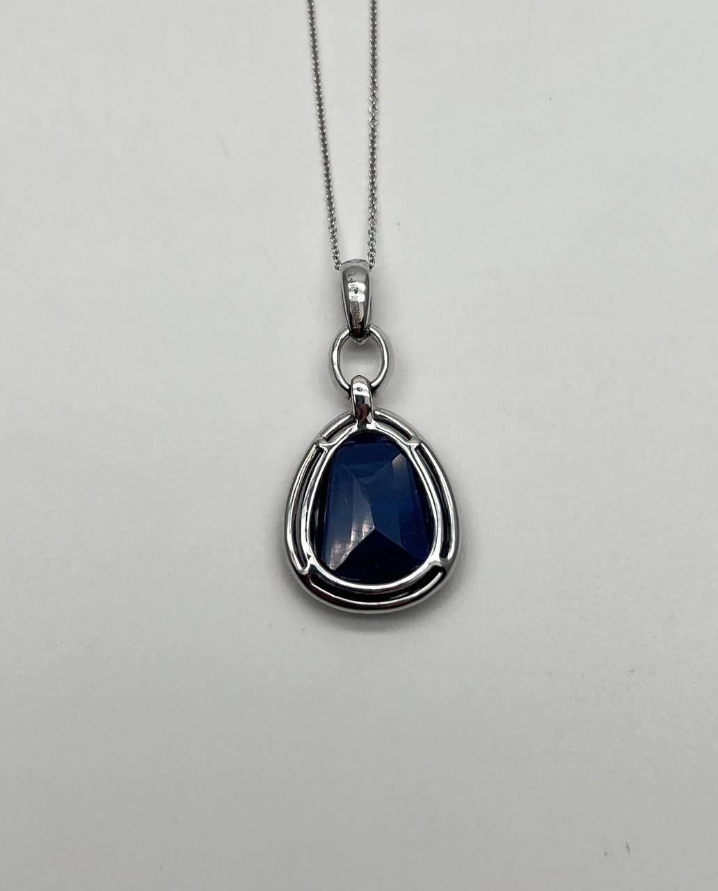 Dark Blue Faceted Sapphire Cabochon 14K White Gold Diamond Halo Pendant Necklace