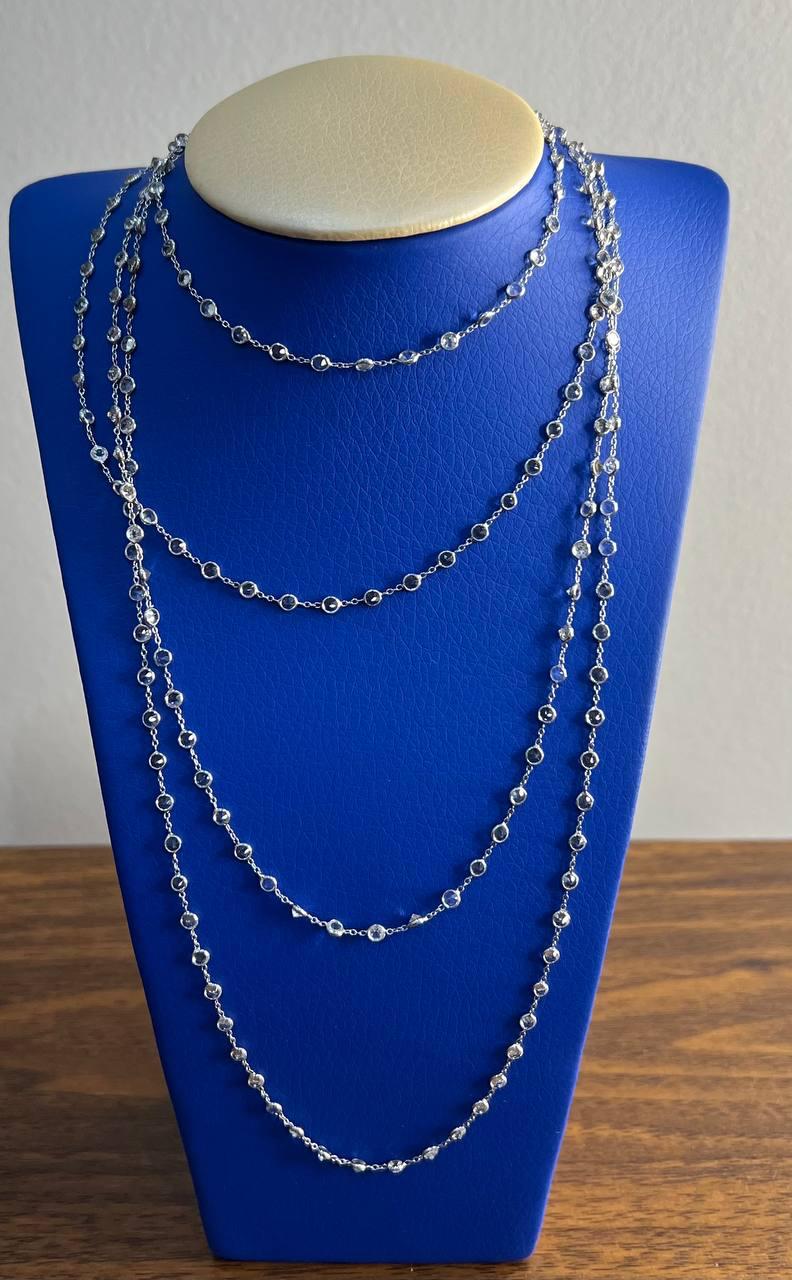 Round Cut Light Blue Topaz Bezel 14K White Gold Long Chain Station Necklace