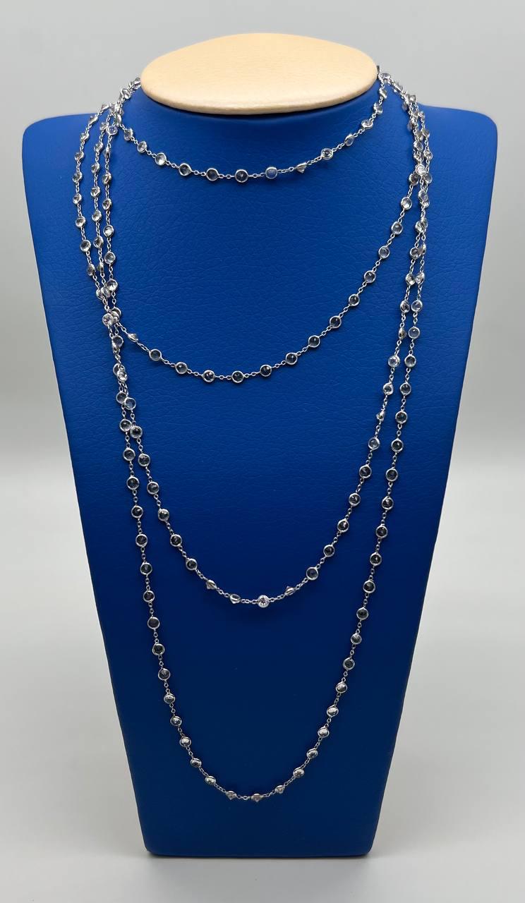 Round Cut Light Blue Topaz Bezel 14K White Gold Long Chain Station Necklace