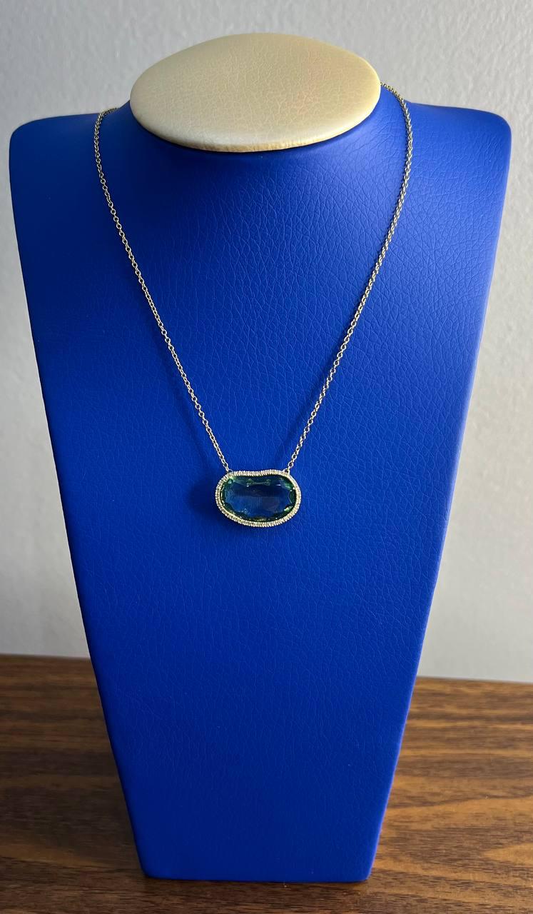 Free Form Shape Light Green Tourmaline Diamond Halo 14K Gold Pendant Necklace