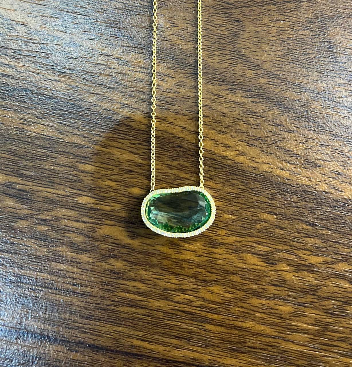 Free Form Shape Light Green Tourmaline Diamond Halo 14K Gold Pendant Necklace