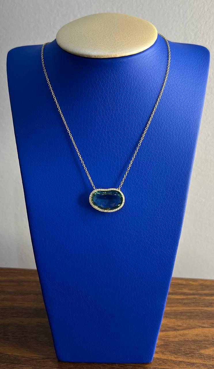 Free Form Shape Light Green Tourmaline Diamond Halo 14K Gold Pendant Necklace
