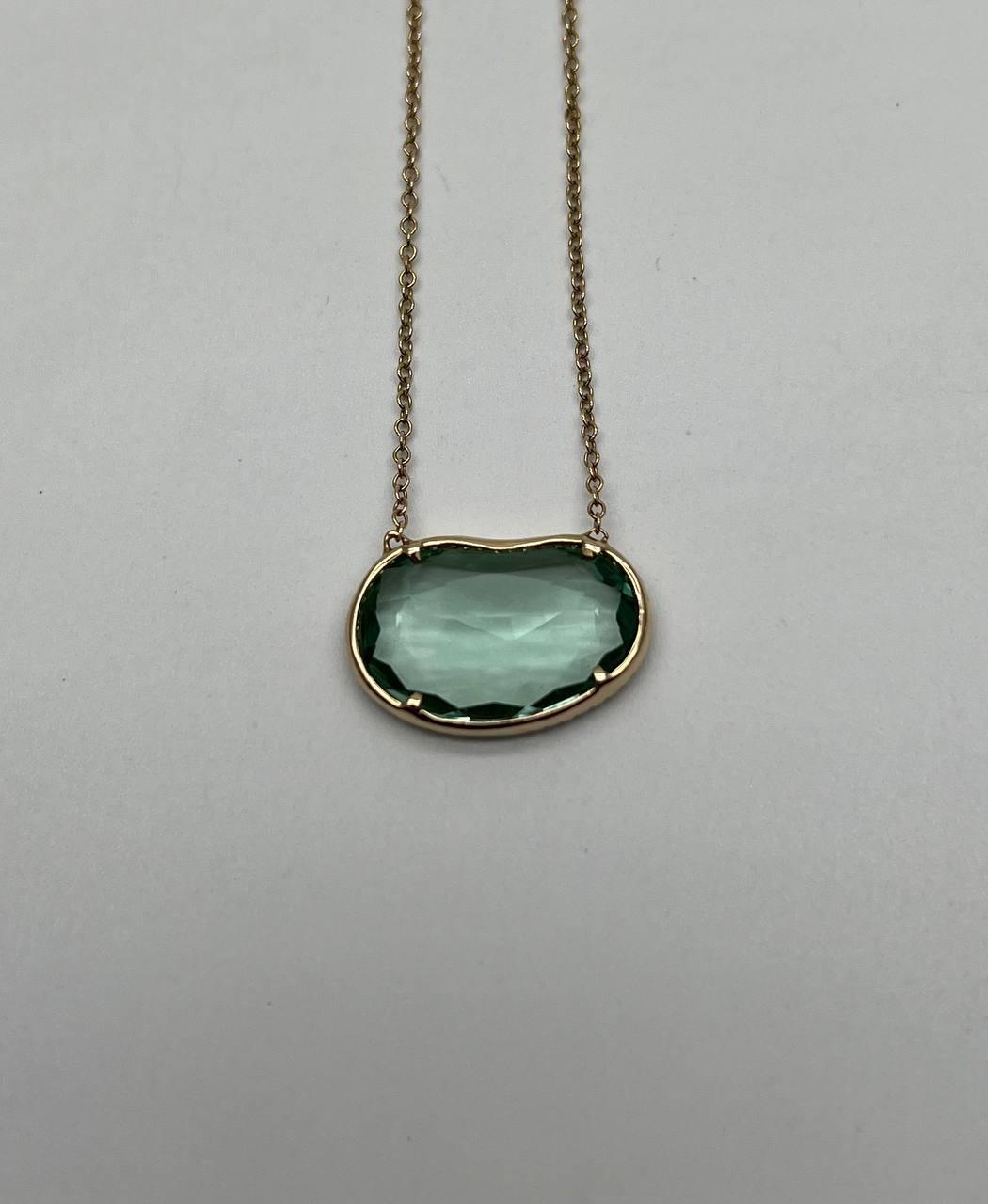 Free Form Shape Light Green Tourmaline Diamond Halo 14K Gold Pendant Necklace