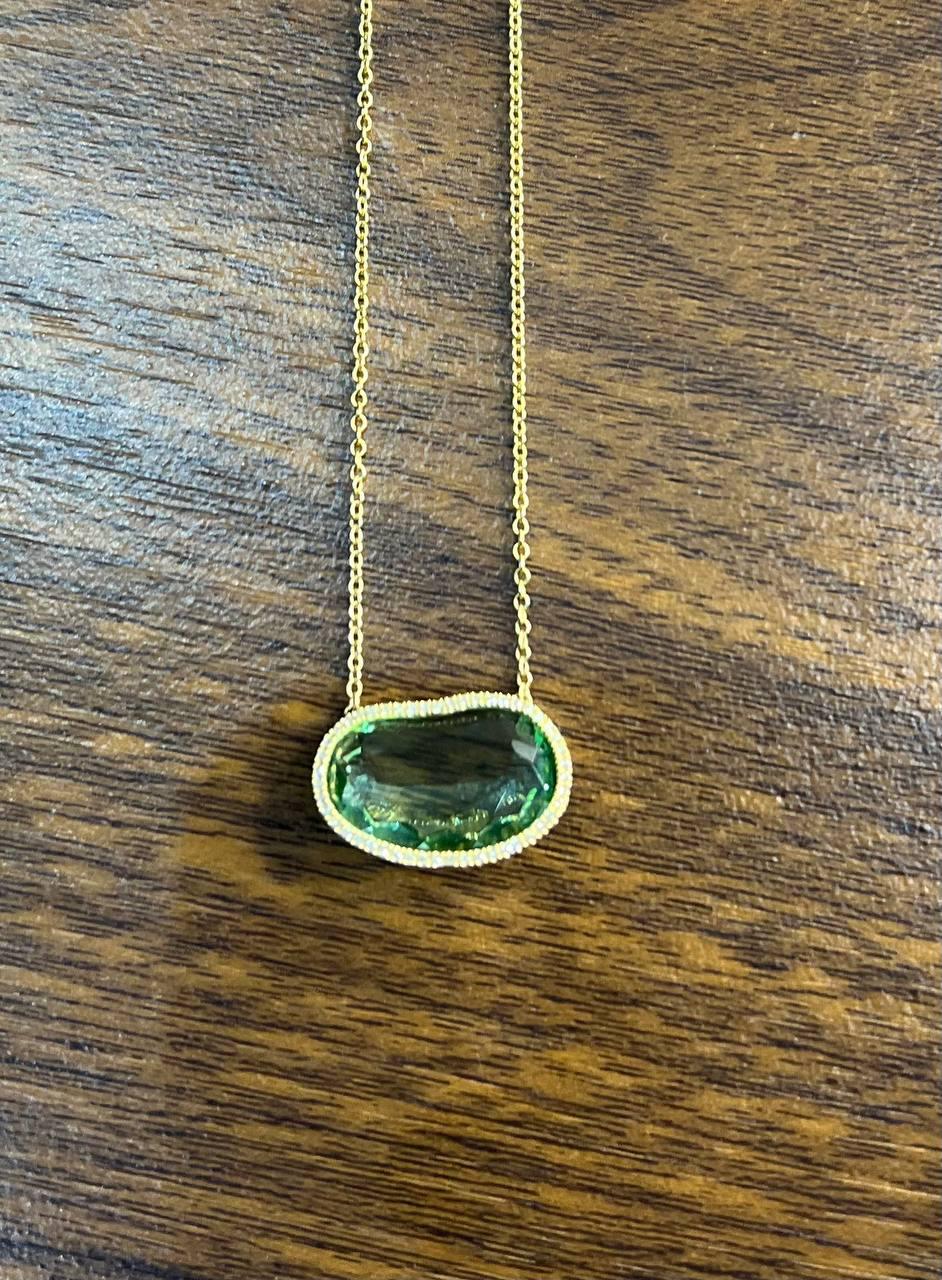 Free Form Shape Light Green Tourmaline Diamond Halo 14K Gold Pendant Necklace