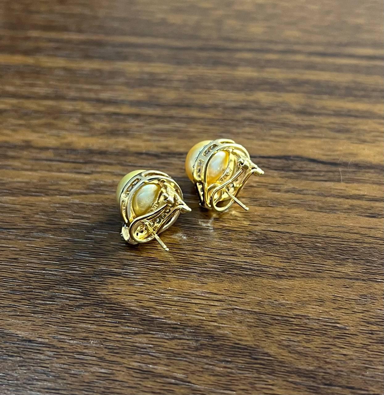 Golden Yellow South Sea Pearls White Diamonds Halo 14K Yellow Gold Earrings