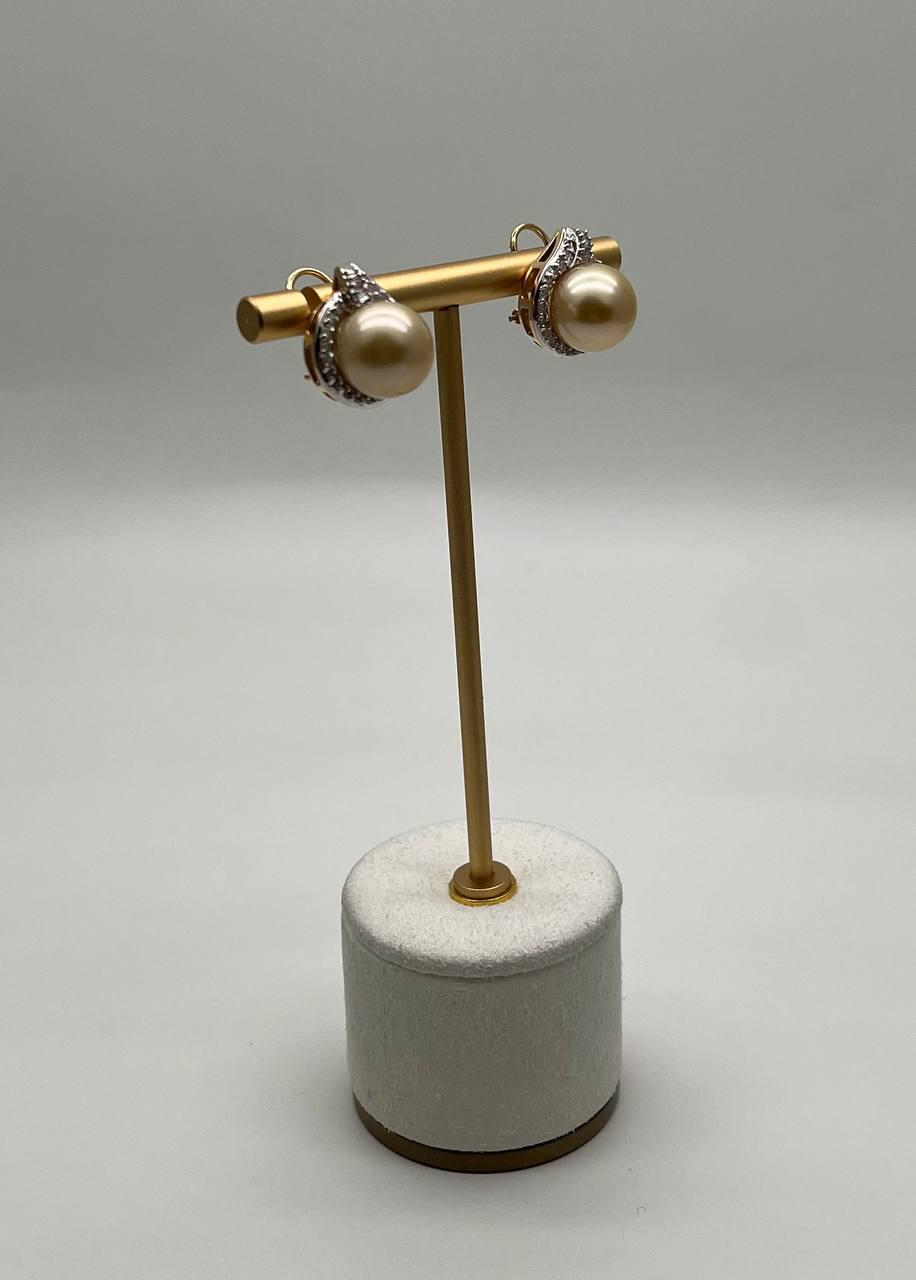 Golden Yellow South Sea Pearls White Diamonds Halo 14K Yellow Gold Earrings