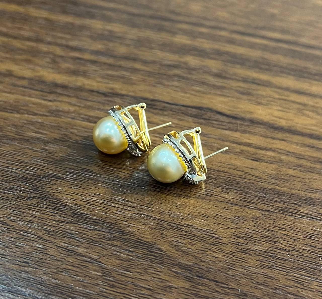 Golden Yellow South Sea Pearls White Diamonds Halo 14K Yellow Gold Earrings