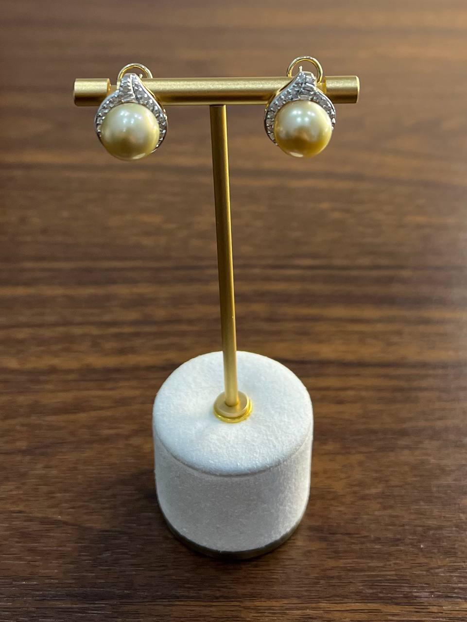 Golden Yellow South Sea Pearls White Diamonds Halo 14K Yellow Gold Earrings