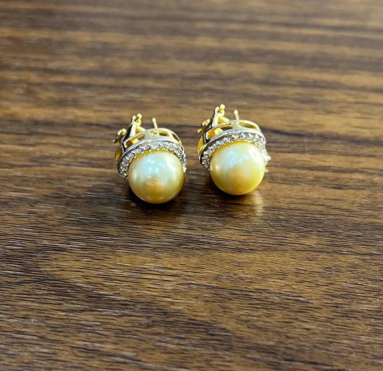 Golden Yellow South Sea Pearls White Diamonds Halo 14K Yellow Gold Earrings