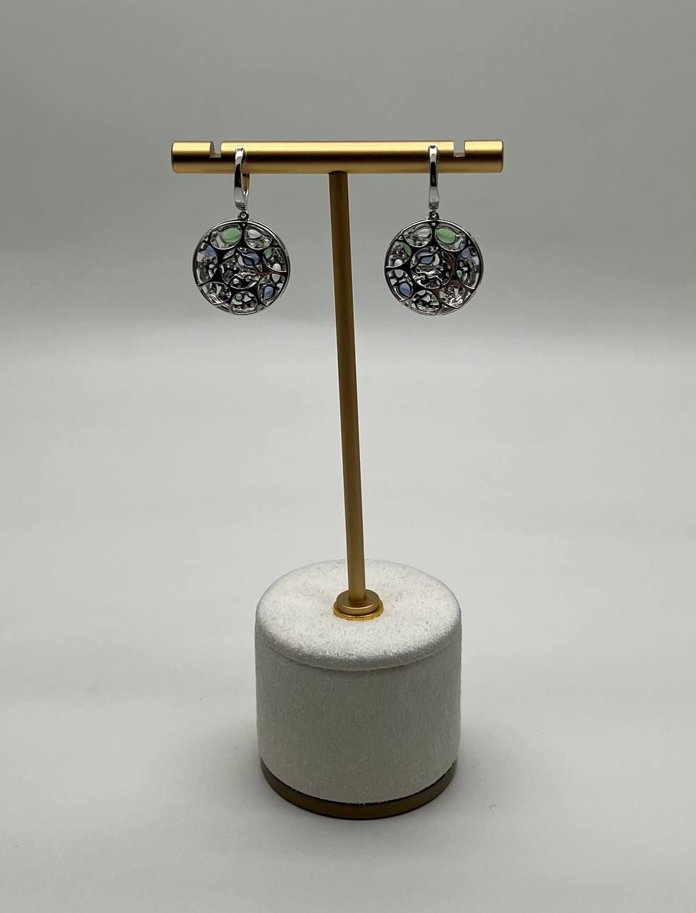 Blue Sapphire Green Emerald White Diamonds Planet Earth 14K White Gold Earrings