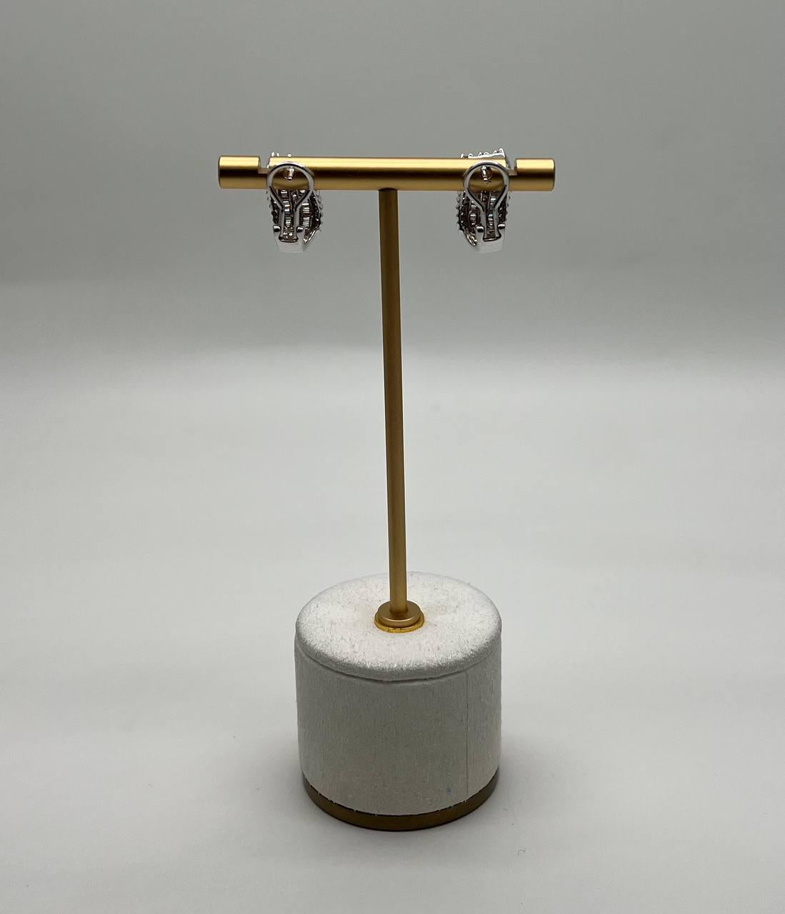 Diamond Baguette Pave Set 14K White Gold Statement Huggie Earrings