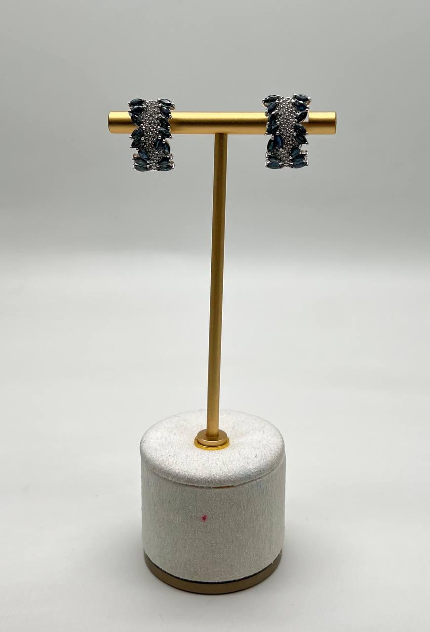 Blue Sapphire Marquise Shape Diamond Pave Set 14K White Gold Statement Earrings