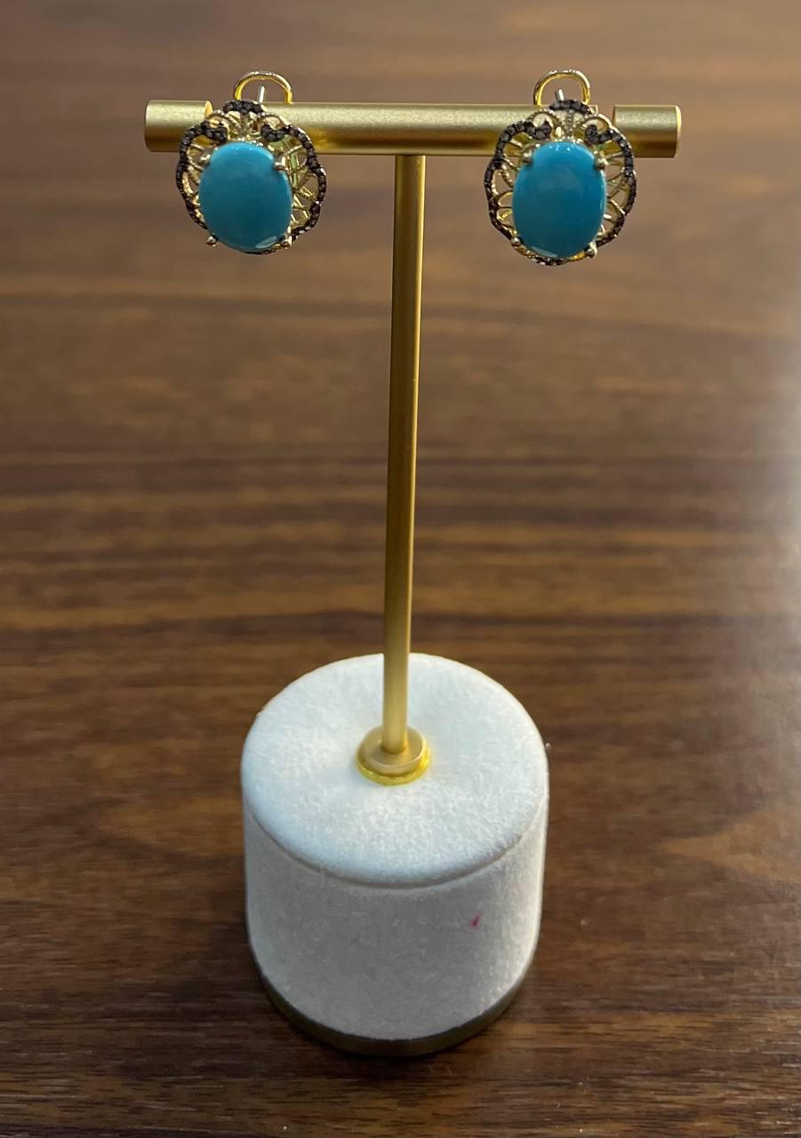 Blue Teal Turquoise Diamonds Lattice 14K Yellow Gold Statement Earrings