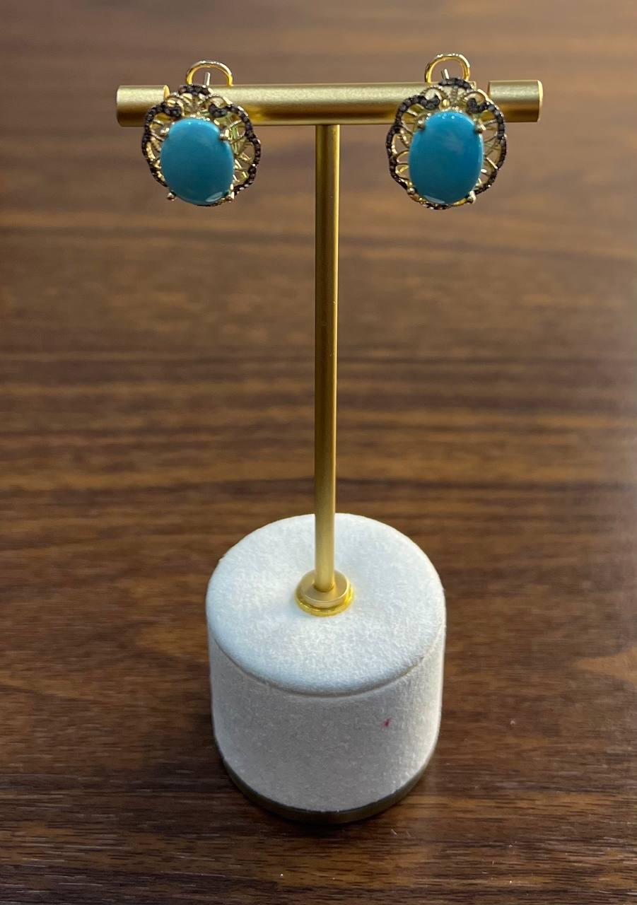 Blue Teal Turquoise Diamonds Lattice 14K Yellow Gold Statement Earrings