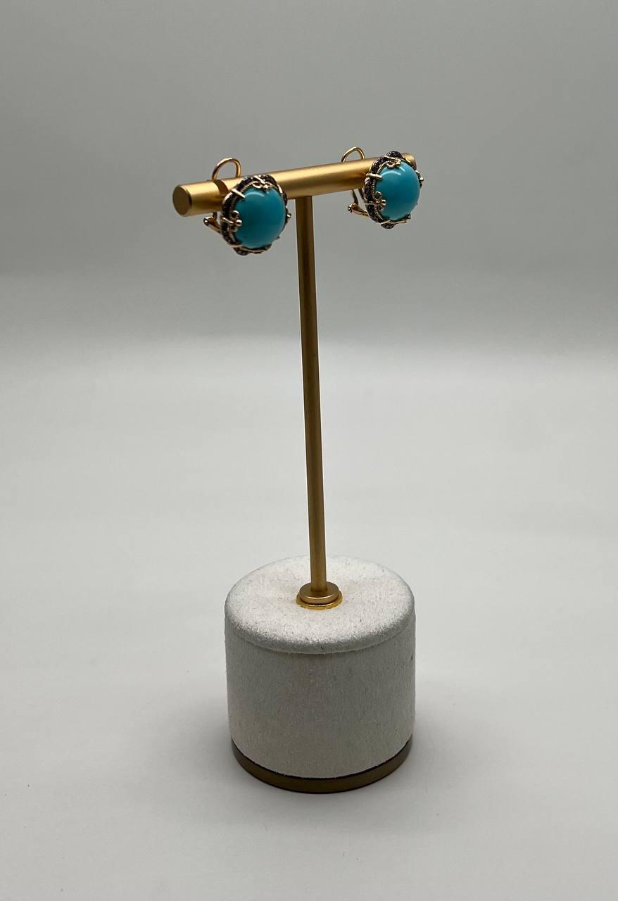 Blue Teal Turquoise Diamonds Halo Floral 14K Yellow Gold Statement Earrings