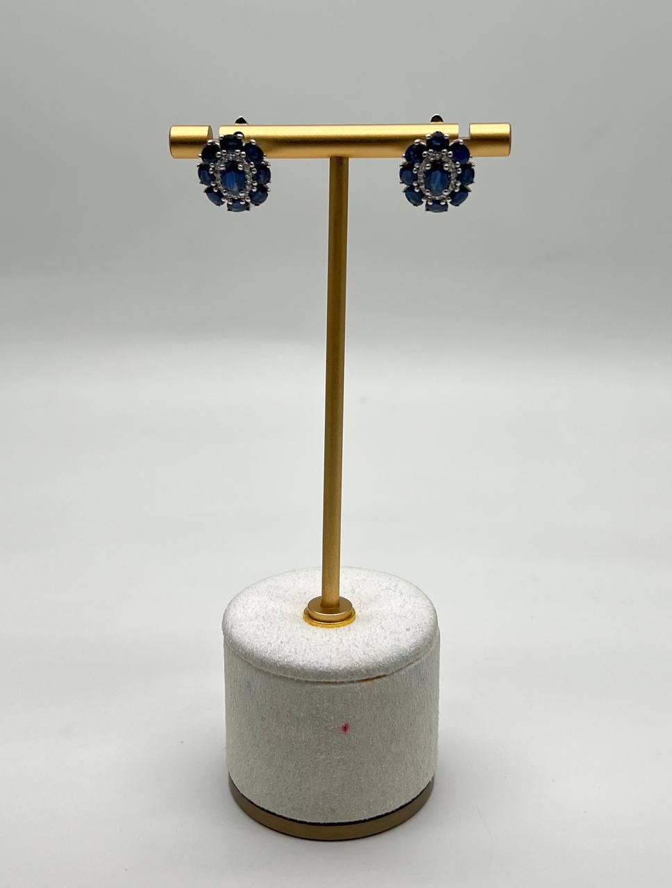 Blue Sapphire Diamond Halo Floral Flower Shape 14K White Gold Statement Earrings