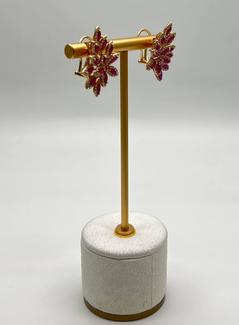 Marquise Shape Red Pink Ruby Diamond Halo 14K Yellow Gold Statement Earrings