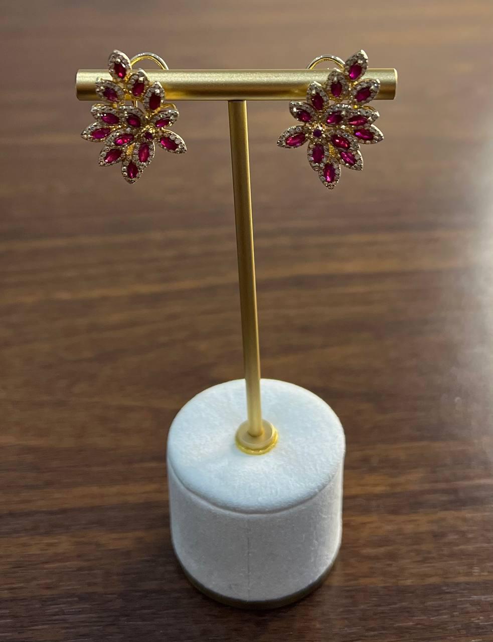 Marquise Shape Red Pink Ruby Diamond Halo 14K Yellow Gold Statement Earrings