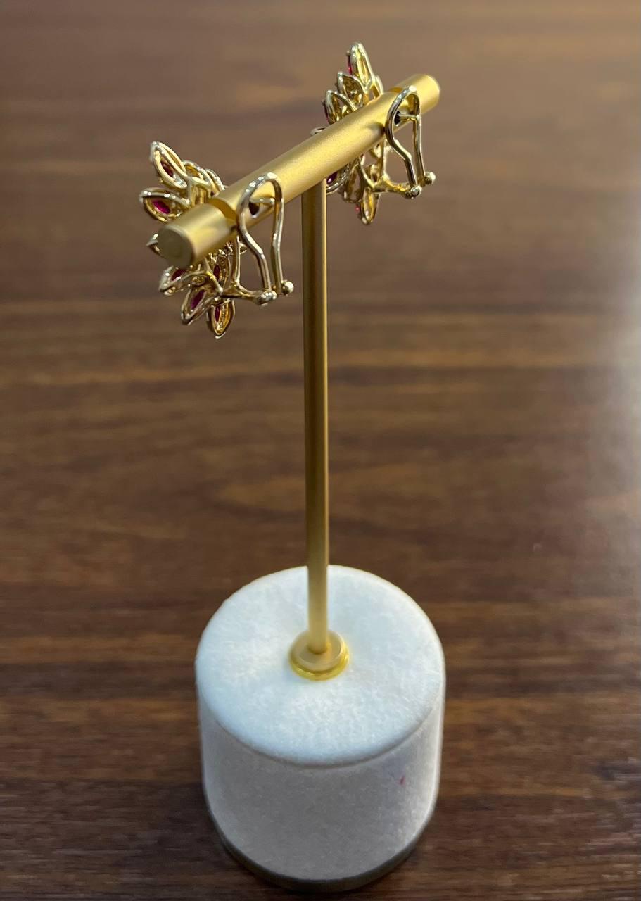 Marquise Shape Red Pink Ruby Diamond Halo 14K Yellow Gold Statement Earrings