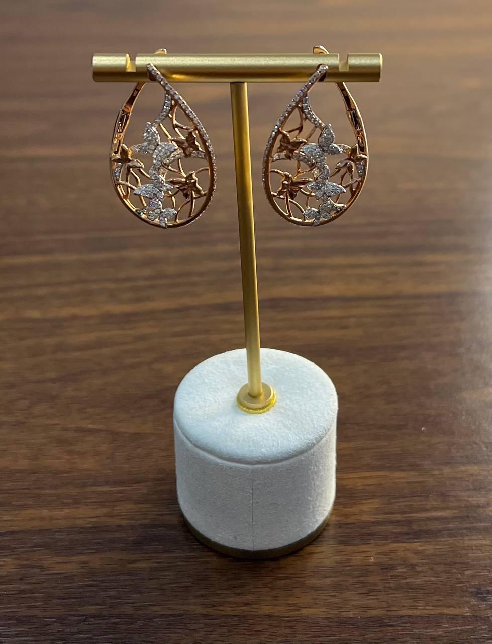 Butterfly Romance Floral Motifs Diamonds 14K Yellow Gold Drop Statement Earrings