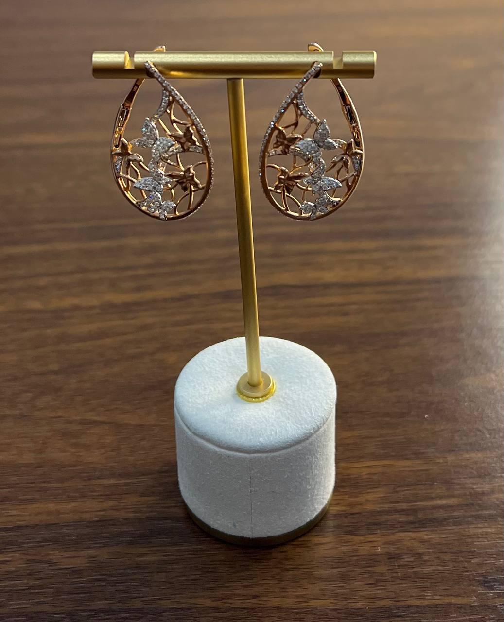 Butterfly Romance Floral Motifs Diamonds 14K Yellow Gold Drop Statement Earrings