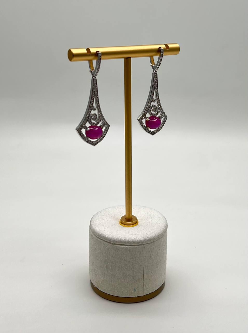 Oval Shape Red Pink Ruby Cabochon 14K White Gold Statement Drop Earrings