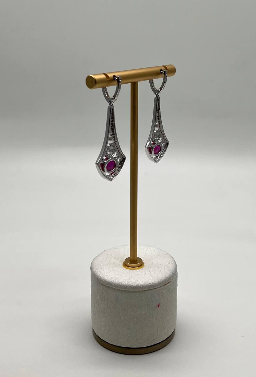 Oval Shape Red Pink Ruby Cabochon 14K White Gold Statement Drop Earrings