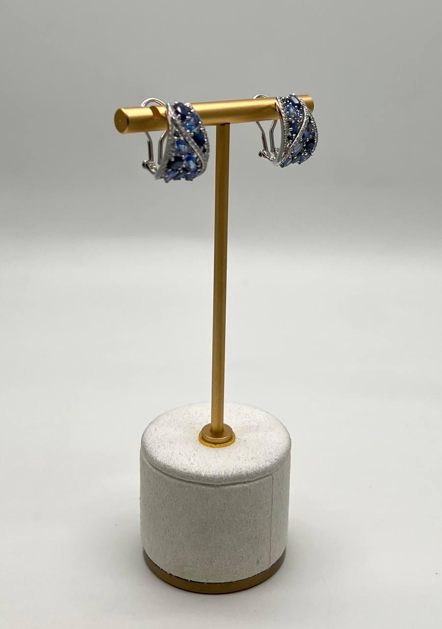 Light Dark Blue Sapphire Cluster White Diamond Pave 14K White Gold Earrings