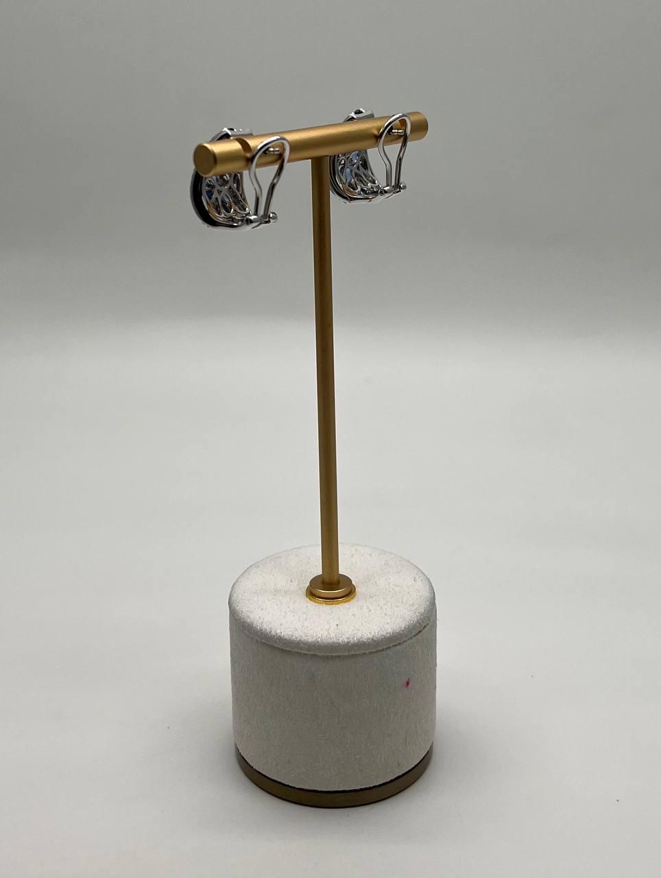 Light Dark Blue Sapphire Cluster White Diamond Pave 14K White Gold Earrings