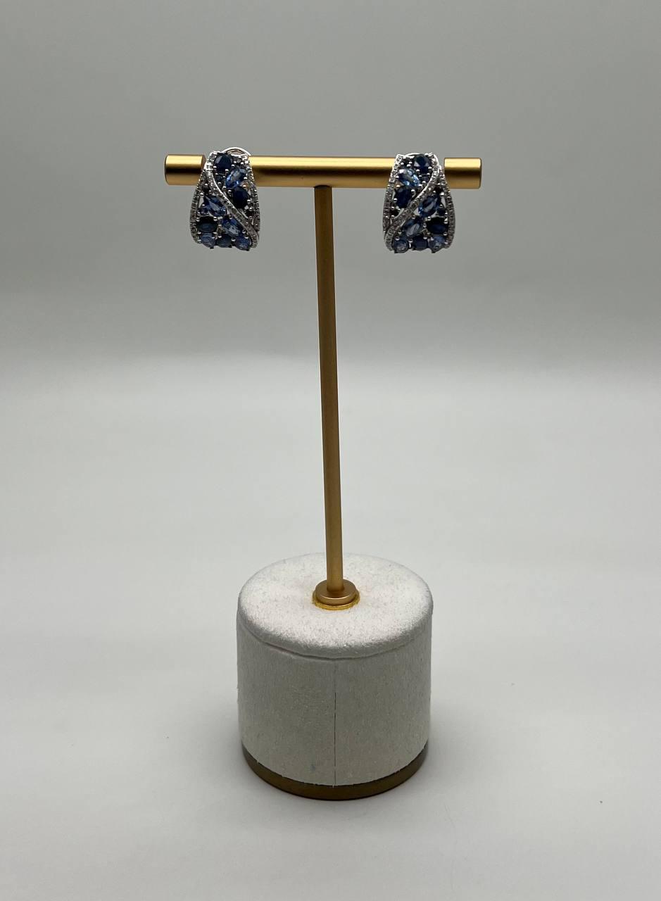 Dark Light Hue Blue Sapphire Cluster Diamonds Pave White Gold Huggie Earrings