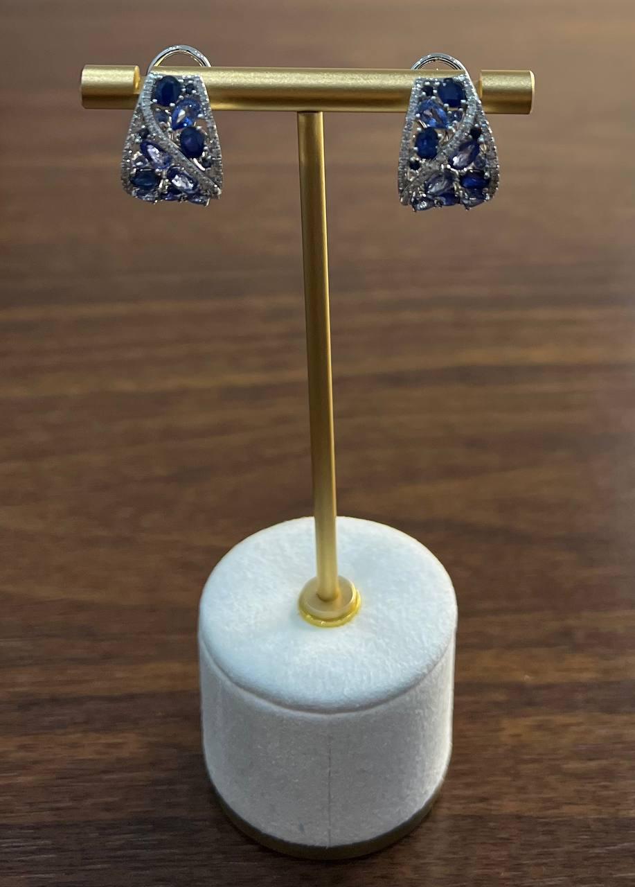 Light Dark Blue Sapphire Cluster White Diamond Pave 14K White Gold Earrings