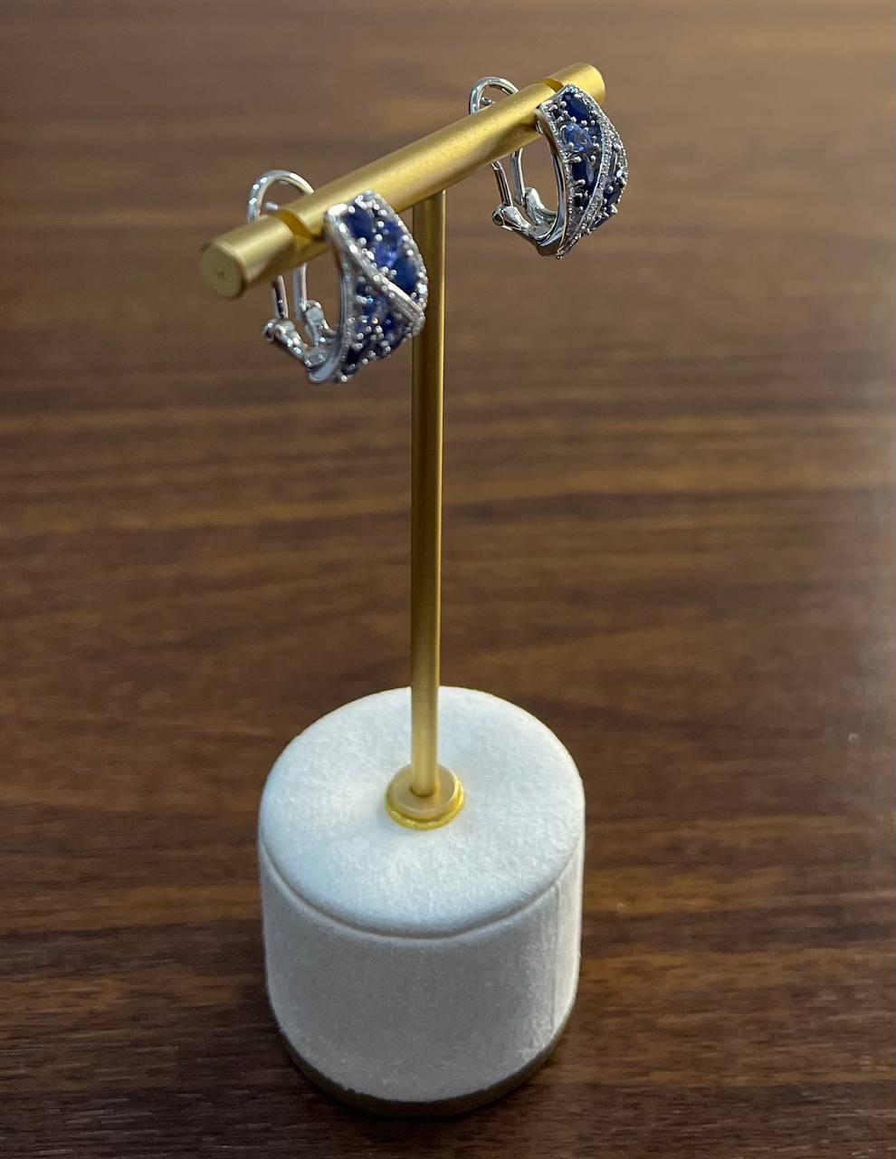 Light Dark Blue Sapphire Cluster White Diamond Pave 14K White Gold Earrings