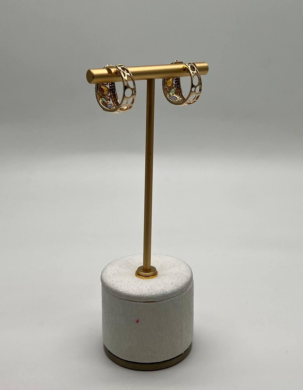 Multicolor Rainbow Sapphires Diamonds Cluster Pave 14K Yellow Gold Earrings