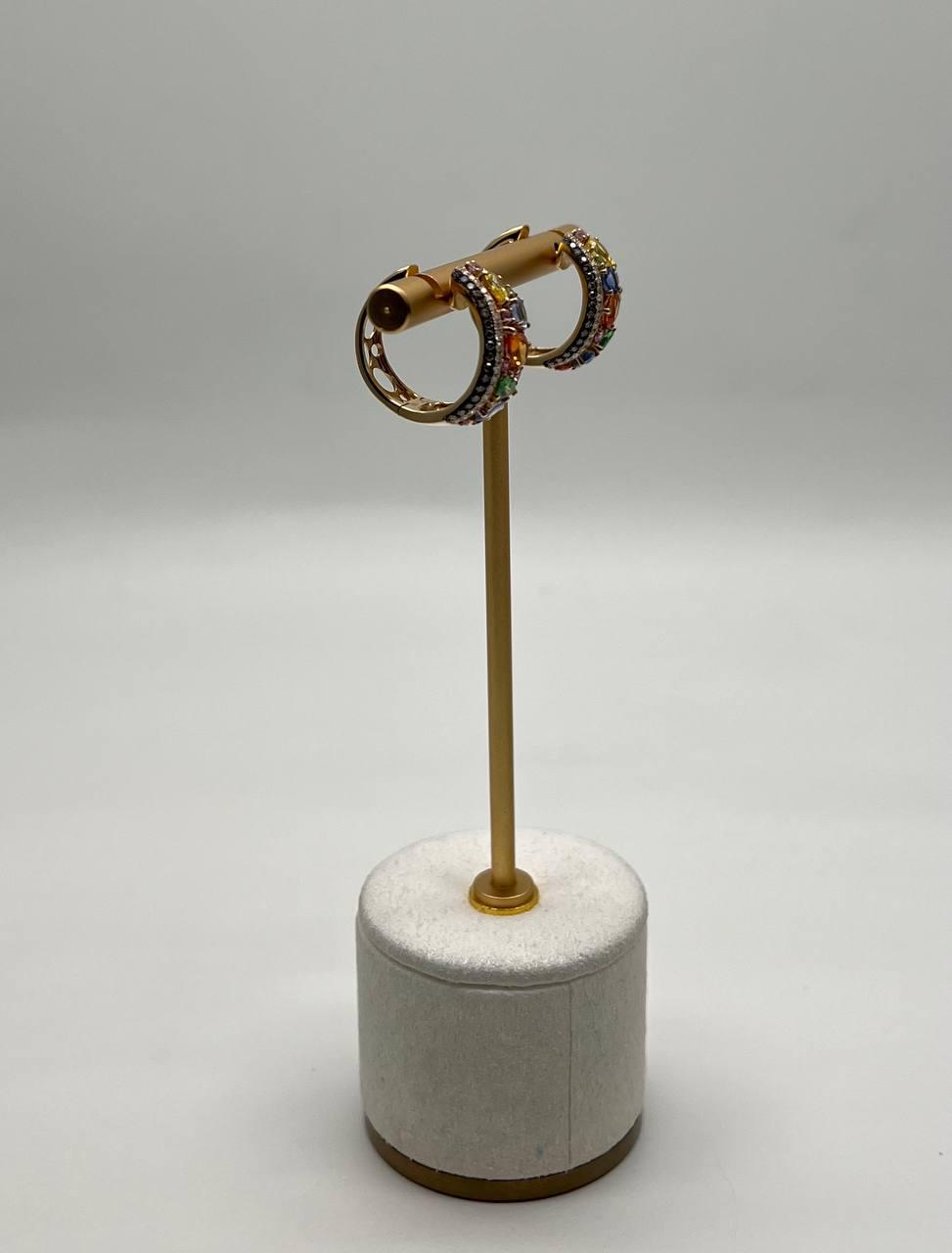 Multicolor Rainbow Sapphires Diamonds 14K Yellow Gold Statement Cluster Earrings