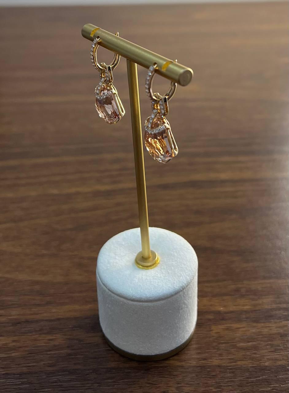 Shield Kite Shape Peach Pink Morganite Diamond Halo 18K Rose Gold Fancy Earrings