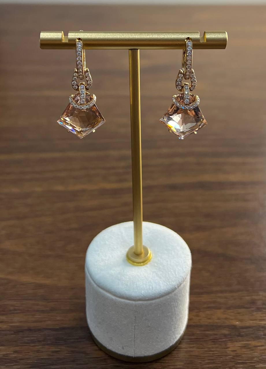 Shield Kite Shape Peach Pink Morganite Diamond Halo 18K Rose Gold Fancy Earrings