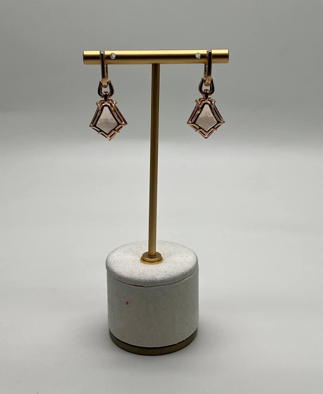 Shield Kite Shape Peach Pink Morganite Diamond Halo 18K Rose Gold Fancy Earrings