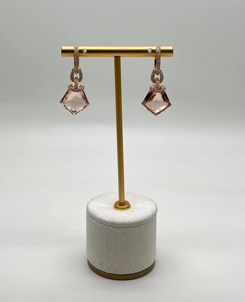 Shield Kite Shape Peach Pink Morganite Diamond Halo 18K Rose Gold Fancy Earrings