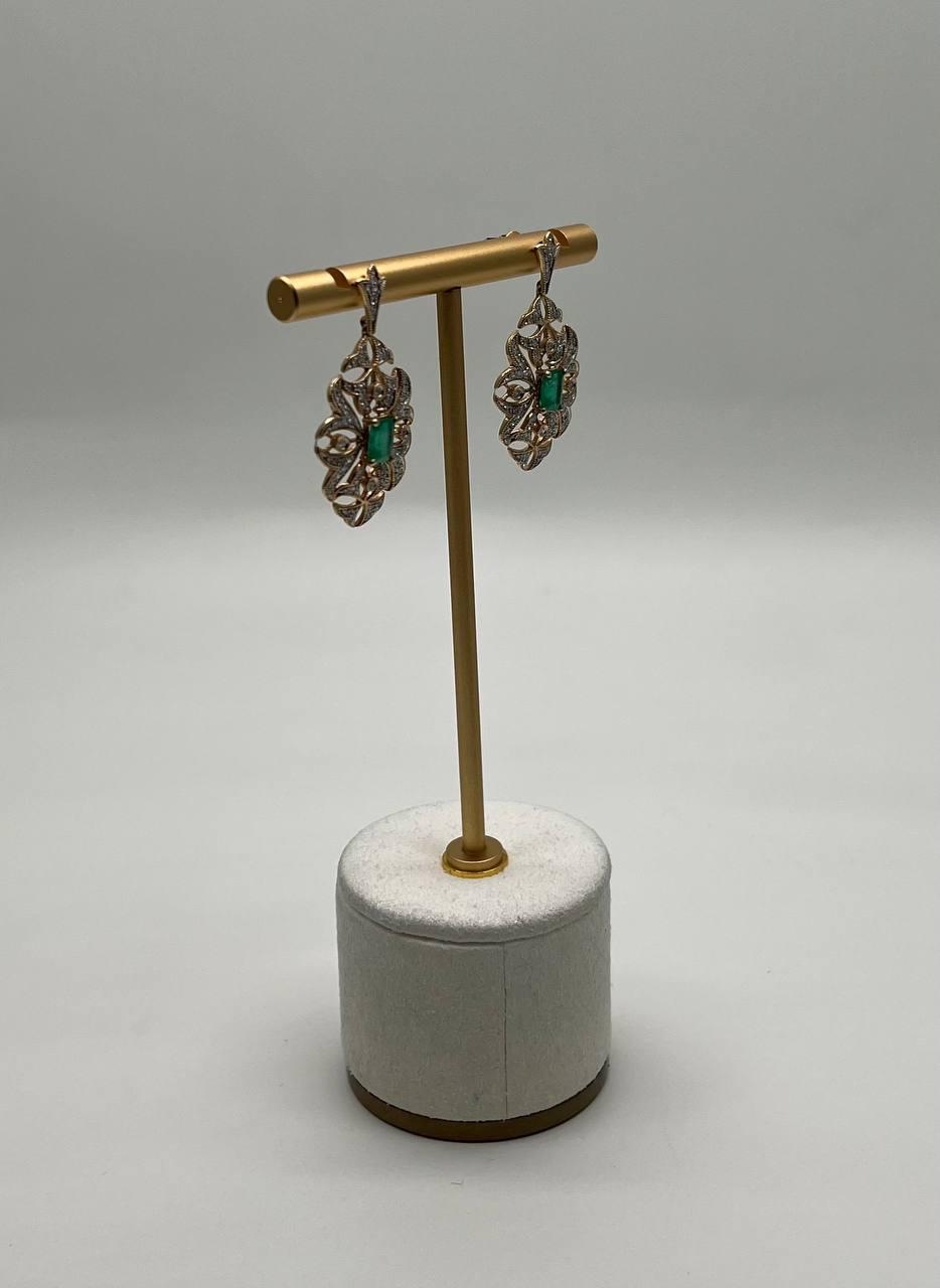 Green Emerald White Diamonds Symbol 14K Yellow Gold Statement Scroll Earrings