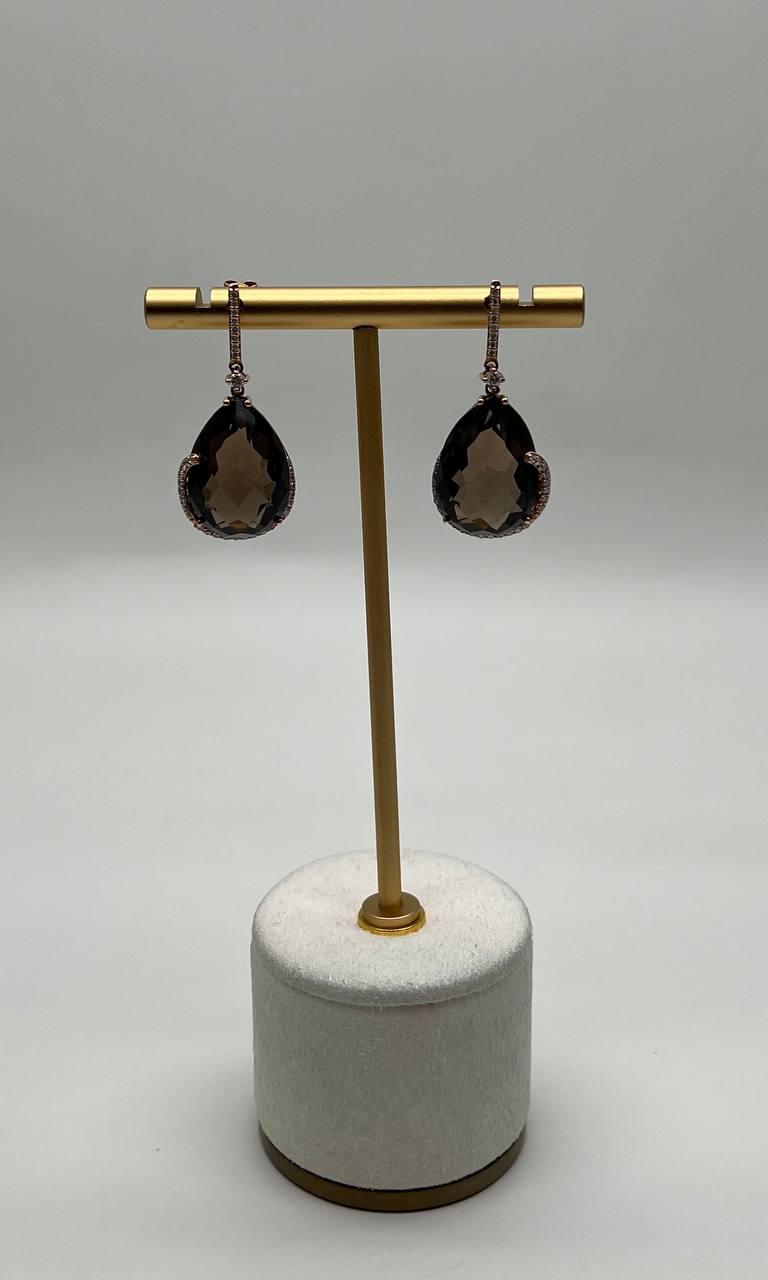 Pear Teardrop Shape Brown Smoky Quartz 14K Rose Gold Diamond Halo Drop Earrings