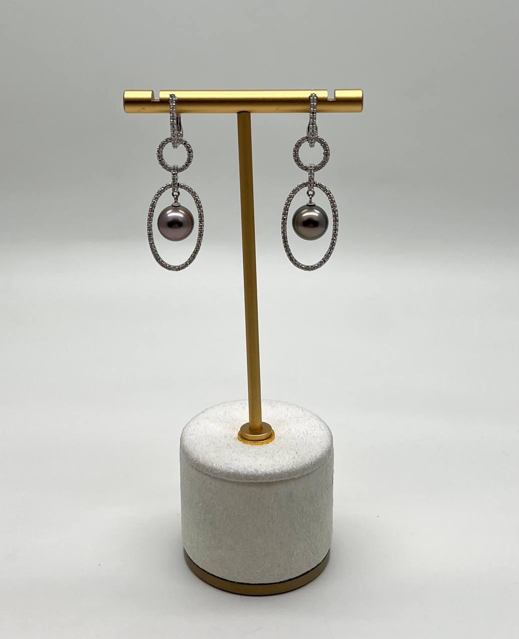 Silver Grey Black Tahitian Pearl Diamonds 14K White Gold Drop Dangle Earrings